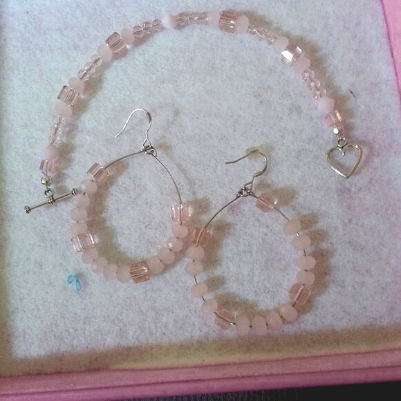 Swarovski Crystal Hand-Made Pink Earring Hoops/ Bracelet Sterling Set - Picture 7 of 9